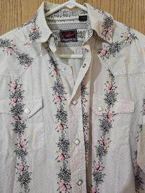 Vintage Roper Cream Western Snap Shirt with Pink and Black Floral Stripes